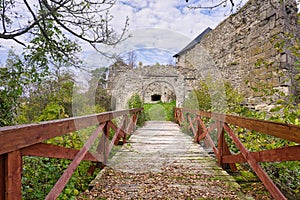 Wooden bridge in ruins of Cabrad castle